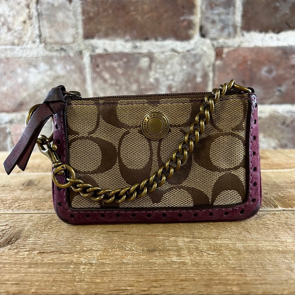 Coach Coin Purse/Key Ring Khaki Signature C with Burgundy  Trim & Chain Strap